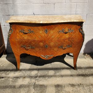 Vintage French Inlaid Marble Top Bombe Chest