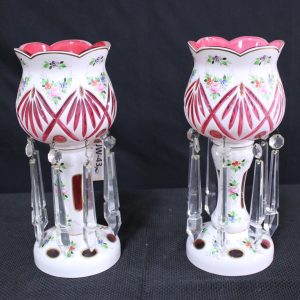Pair of Large White to Cranberry Lusters With Prism