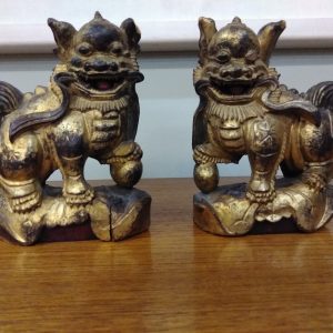 Antique Pair of Wooden Hand Carved Chinese Foo Dogs