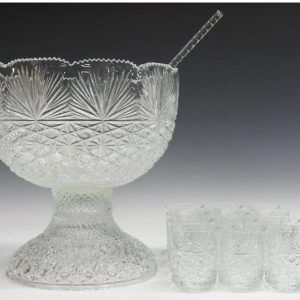 Vintage Punch Bowl and Stand With Twelve Glasses and Ladle